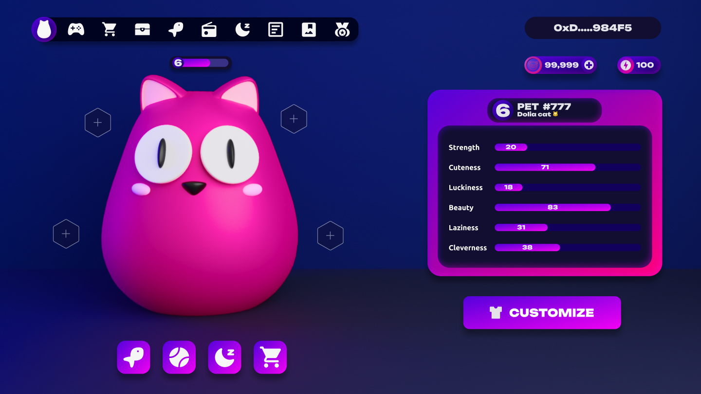 Dolia Pets main interface with 3D cat character