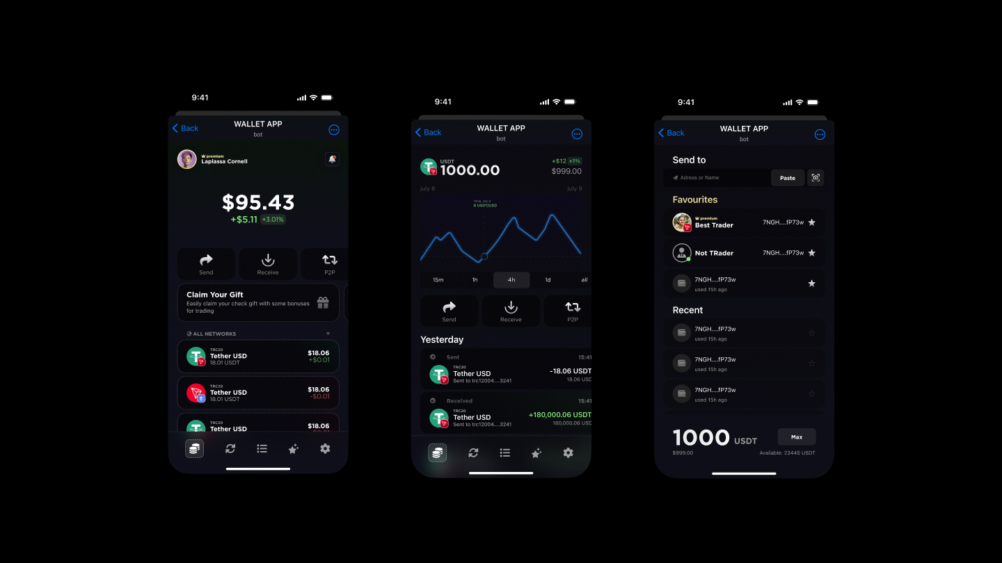 Crypto wallet balance screen in Telegram-style dark UI